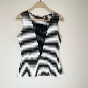 Eddie Rodriguez Womens black and white striped baby tee top with lace detail